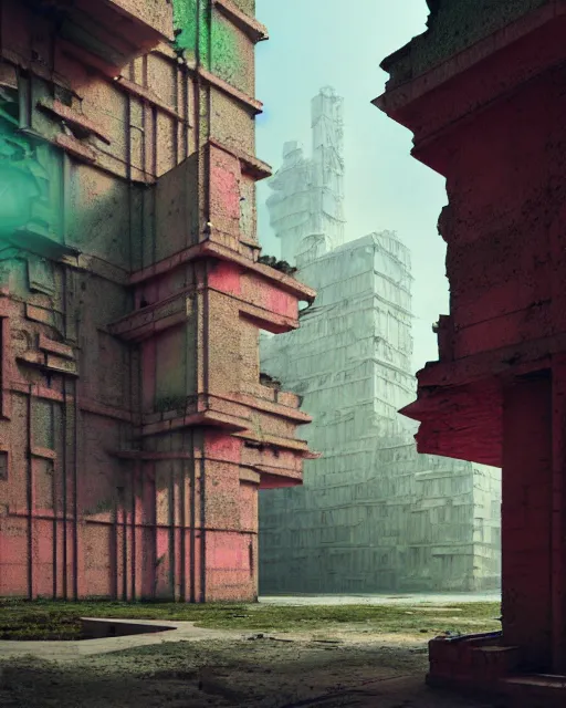 Image similar to hyperrealistic 3d render high quality baroque mecha iridescent pink brutalist city ruins background concept art vray! santiago caruso de chirico sharp very dramatic green light 8k low angle shallow depth of field