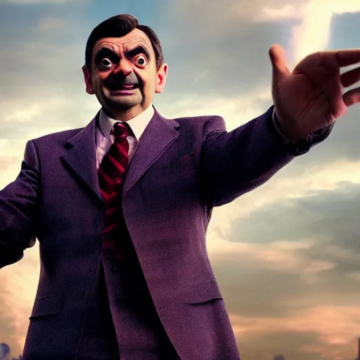 Image similar to mr. bean as thanos. movie still. cinematic lighting.! dream mr. bean as thanos from the avengers movie. movie still. cinematic lighting.