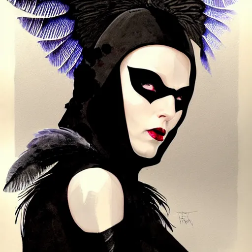 Image similar to portrait soft light, goth woman as mysterious supervillain and and black veil and modestly clothed victorian goth, black feathers instead of hair, black wings instead of arms, gray mottled skin, black feathers growing out of skin, transforming, by frank mccarthy and conrad roset, inspired by flash gordon, paintbrush, rough paper, fine,