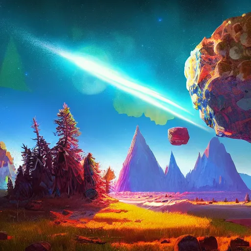 Image similar to Gigantic meteorite crashes into magic world planet, Bright colors, fantastic landscape, hyperrealism, no blur, 4k resolution, ultra detailed, style of Anton Fadeev, Ivan Shishkin, John Berkey