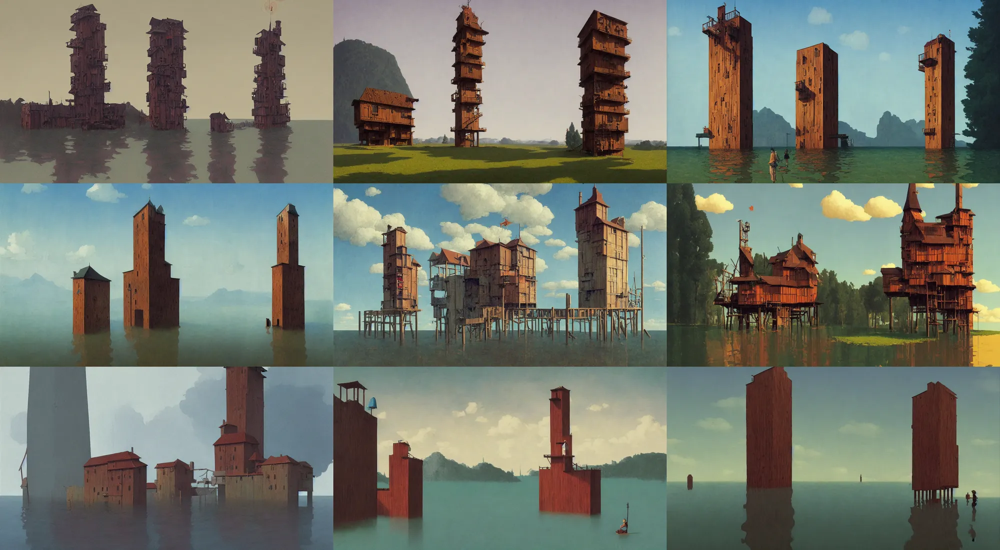 Prompt: single flooded simple massive wooden tower, very coherent and colorful high contrast!! masterpiece by rene magritte simon stalenhag carl spitzweg syd mead norman rockwell edward hopper james gilleard, minimalist, dark shadows, sunny day, hard lighting