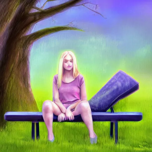 Image similar to a young woman with long blond hair sitting on a green bench with her head in her hands, digital art, deviant art