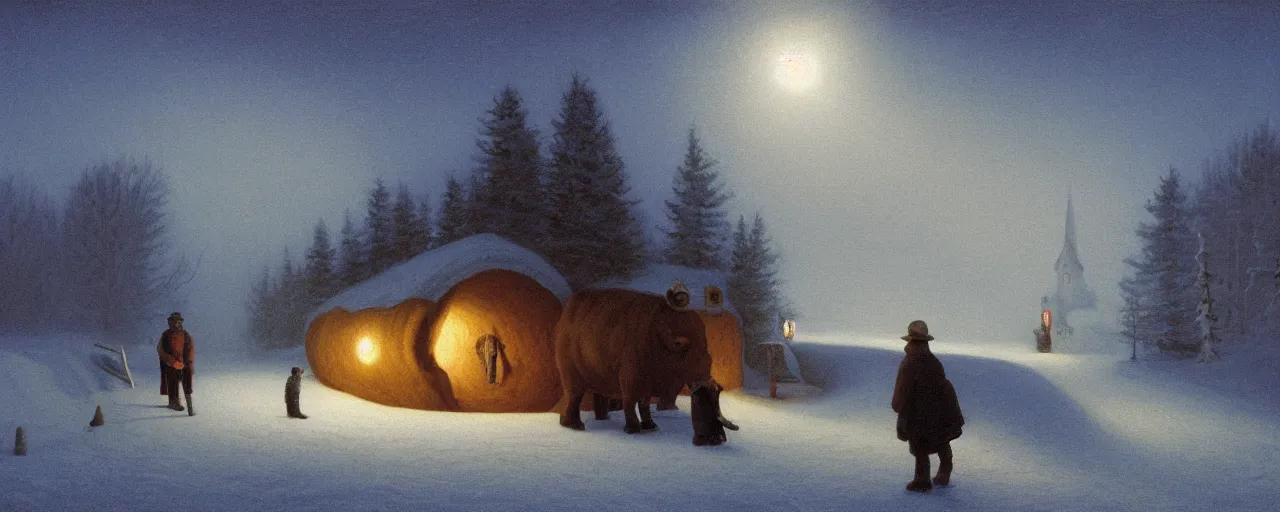Image similar to the tunnel into winter, cottagecore, giant bull inside church, glowing eyes, by Baksinsky, painted by Quint Buchholz and Carl Gustav Carus, oil on canvas