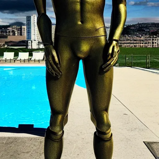 Prompt: a realistic detailed photo of a guy who is an attractive humanoid who is half robot and half humanoid, who is a male android, soccer player mason mount, shiny skin, posing like a statue, blank stare, by the pool, on display