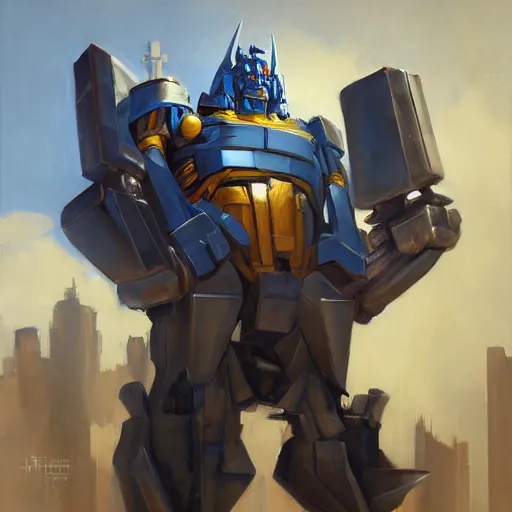 Image similar to greg manchess portrait painting of evil optimus prime the transformer as overwatch character, medium shot, asymmetrical, profile picture, organic painting, sunny day, matte painting, bold shapes, hard edges, street art, trending on artstation, by huang guangjian, gil elvgren, ruan jia, greg rutkowski, gaston bussiere