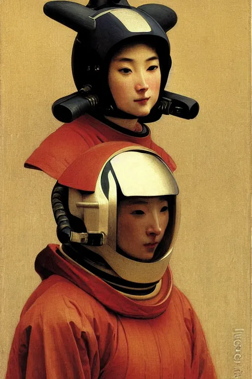 Image similar to portrait of a astronaut in samurai helmets, by bouguereau