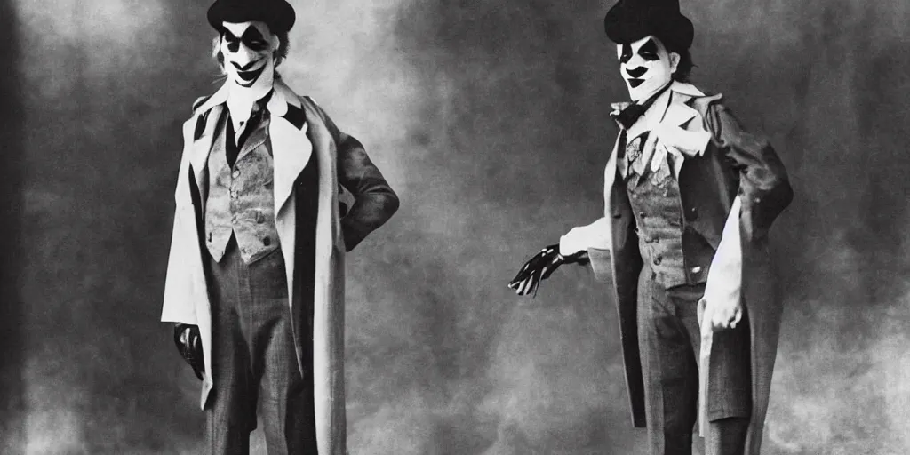 Image similar to joker wearing clothes in the style of directoire style, photograph, grinning, creepy,