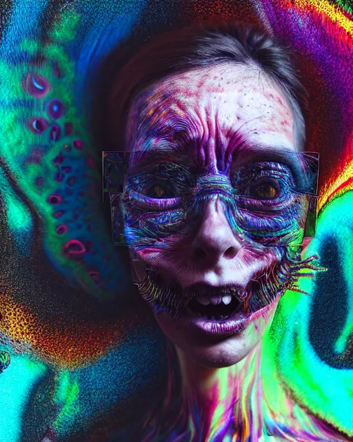 Image similar to realistic portrait of a creature experiment gone wrong, psychedelic, dark art, facing camera, photo realistic, detailed, 1 4 5 0, delicate, hyper realism, ultra realistic, 8 k