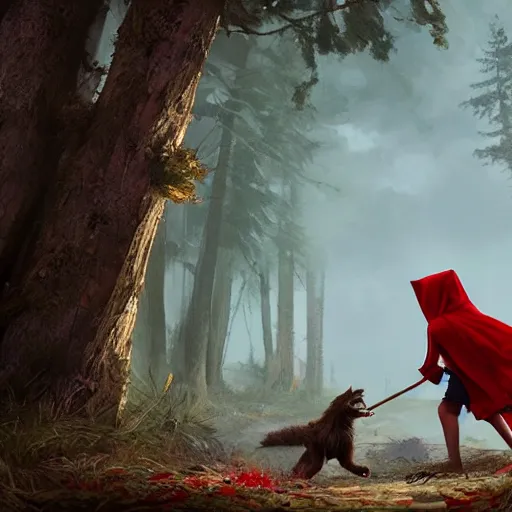 Image similar to Toddler little red riding hood fighting and slaying a giant scary werewolf, 3d scene, render, ultra realistic, zenith view, Greg Rutkowski, artstation, cgsociety, unreal engine, 3d scene, render, ultra realistic