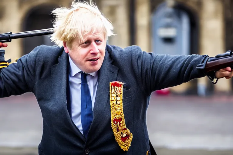 Image similar to closeup portrait of boris johnson dressed as a queen's guard firing a musket in a london street, natural light, sharp, detailed face, magazine, press, photo, steve mccurry, david lazar, canon, nikon, focus