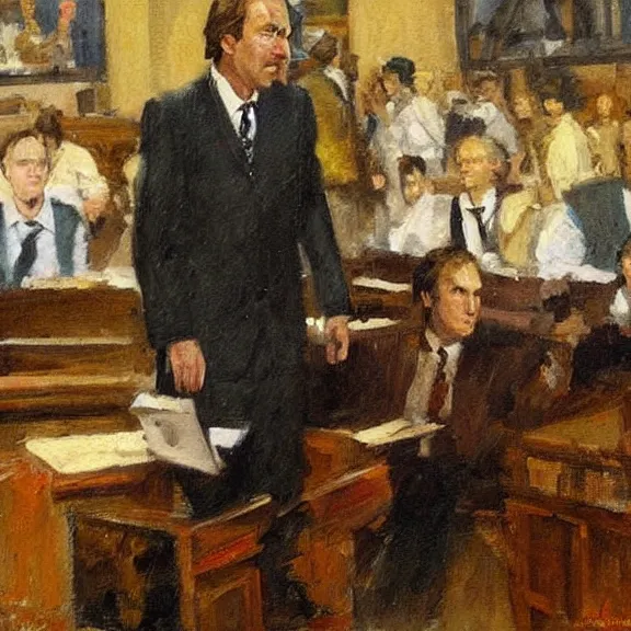 Prompt: saul goodman defending a case in court, painting by dean cornwell