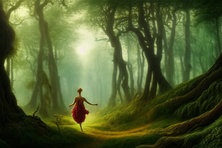 Prompt: a beautiful and highly detailed matte painting of a sexy lady walking away into a mystical forest, psychedelic, celtic, intricate details, epic scale, insanely complex, 8 k, sharp focus, photorealism, artstation, cgsociety, by caspar friedrich, albert bierstadt, james gurney, brian froud,