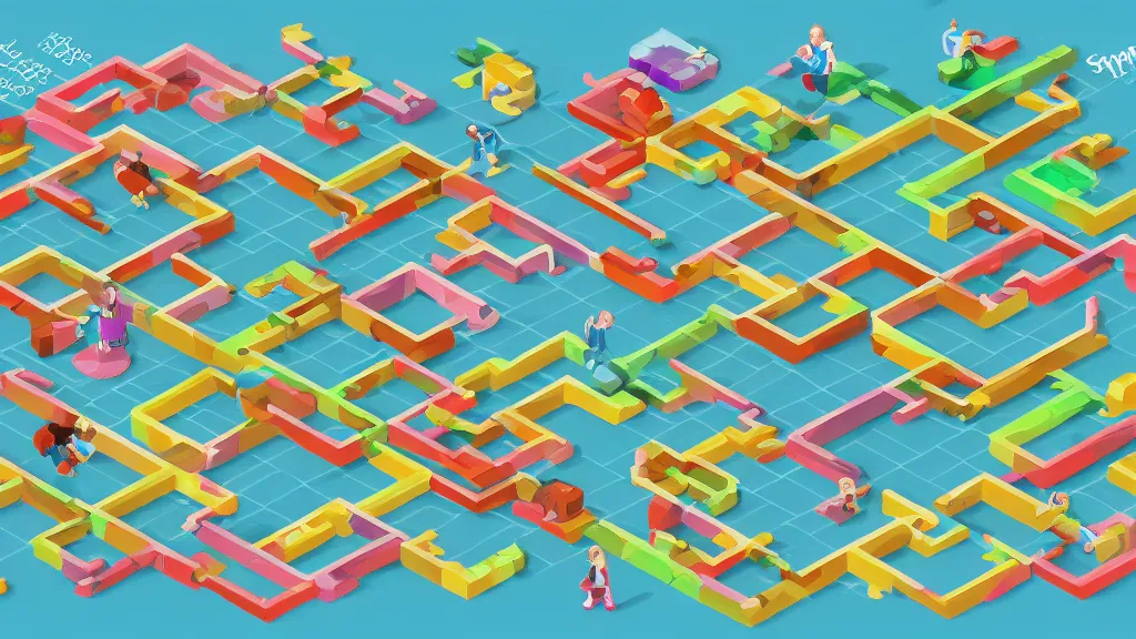 Image similar to sketched seasonable change isometric puzzle game, intricate design change