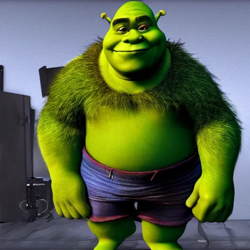 Image similar to shrek fighting a computer, half body shot, path traced, fight scene, highly detailed, high quality, digital painting