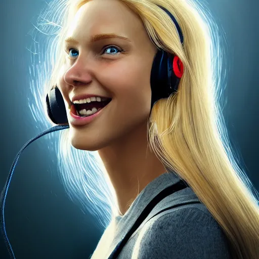 Image similar to epic action shot of beautiful swedish woman with symmetrical face stunning eyes and long blonde hair wearing headset laughing, weta disney pixar, hi - fructose, decadent highly - detailed digital painting, golden ratio, octane render, artstation, cinematic composition, smooth, sharp focus, artgerm, mucha, loish, wlop hdr