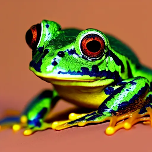 Prompt: photography portrait of a frog with electric skin