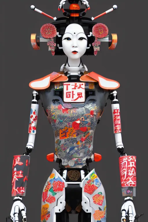 Image similar to full body portrait of a Japanese robot geisha with kanji tattoos and decals wearing a digital pixelated kimono, intricate design, photorealistic, octane render, raytraced, ultra fine detailed, character design, trending on artstation