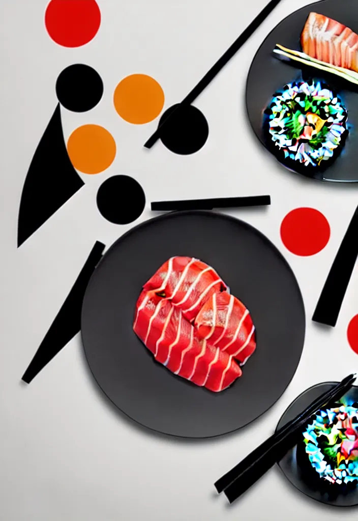 Image similar to a single plate of sushi, hyper minimalist geometric graphic design in the style of buro destrukt and die gestalten verlag