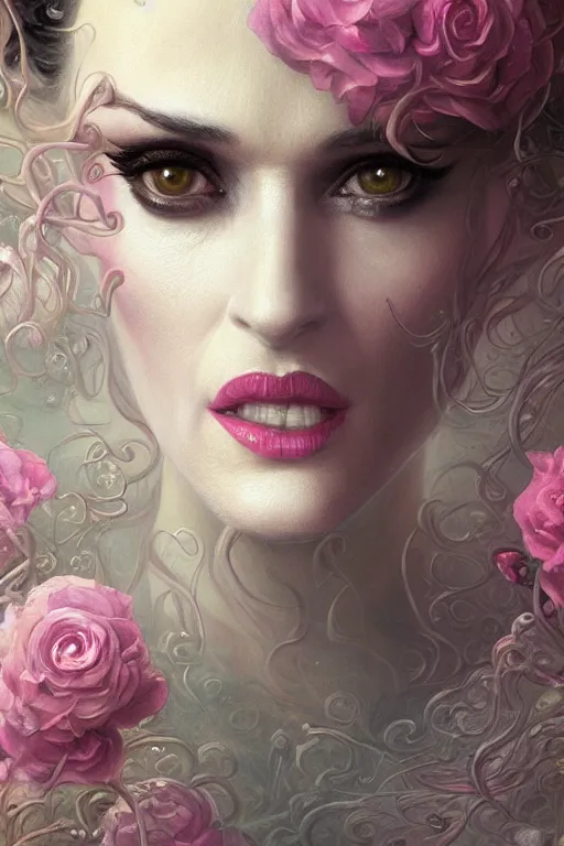 Image similar to closeup portrait shot of winona ryder as delirium of the endless, the sandman, the fairy queen, floral growth, thick fancy makeup, highly detailed, digital painting, artstation, concept art, soft focus, depth of field, artgerm, tomasz alen kopera, peter mohrbacher, donato giancola, wlop, boris vallejo