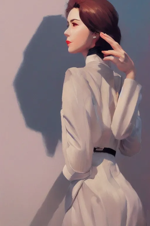 Image similar to a ultradetailed beautiful panting of a stylish woman, 1 9 6 0's fashion, high angle shot, oil painting, by ilya kuvshinov, greg rutkowski and makoto shinkai