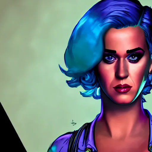 Image similar to katy perry portrait, borderlands, tales from the borderlands, the wolf among us, comic, cinematic lighting, studio quality, 8 k