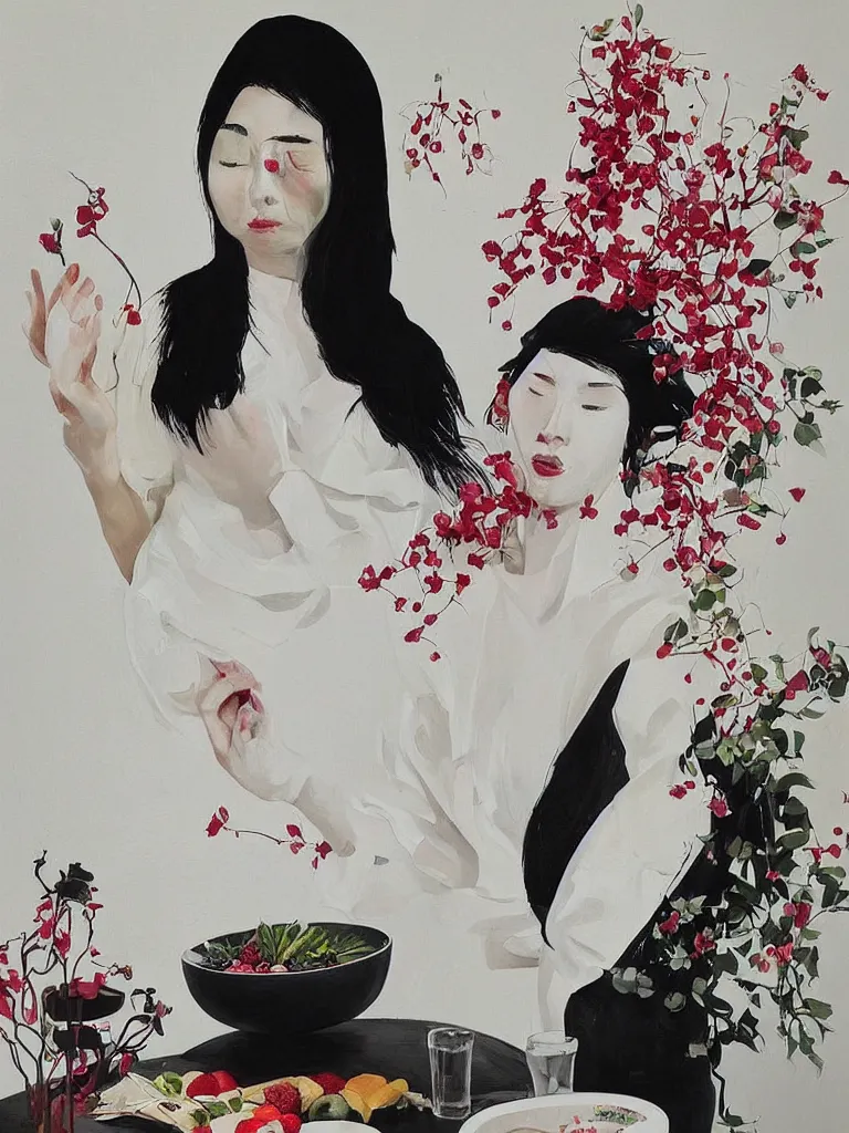 Image similar to “art in an Australian artist’s apartment, portrait of a woman wearing white cotton cloth, eating luscious fresh berries, white wax, edible flowers, Japanese pottery, ikebana, black walls, acrylic and spray paint and oilstick on canvas”