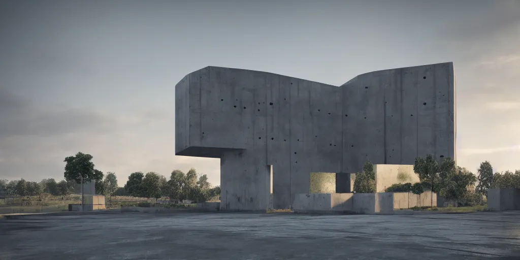 Prompt: a modern concrete building, brutalism, nature around, sunset, photorealism, beautiful, cinematic dramatic atmosphere, volumetric cinematic perfect light, detailed octane render trending on artstation, 8 k, by chris hytha and jag studio