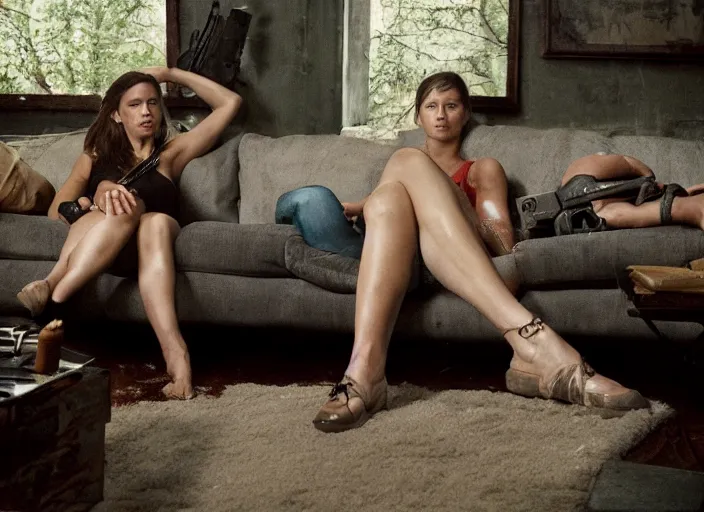 Image similar to Lara Croft relaxing on the couch, Gregory Crewdson, Joel Sternfeld