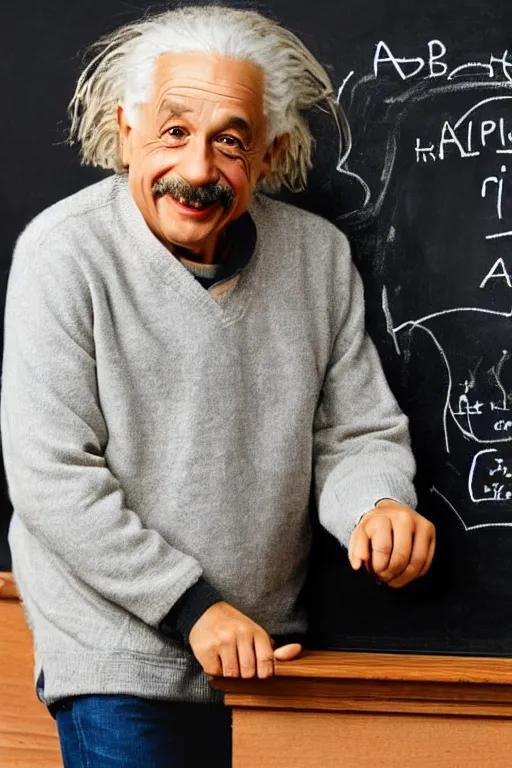 Image similar to professional photo of happy albert einstein on the background of the blackboard on which it is written e = mc 2, portrait,, ancient, realistic, detailed