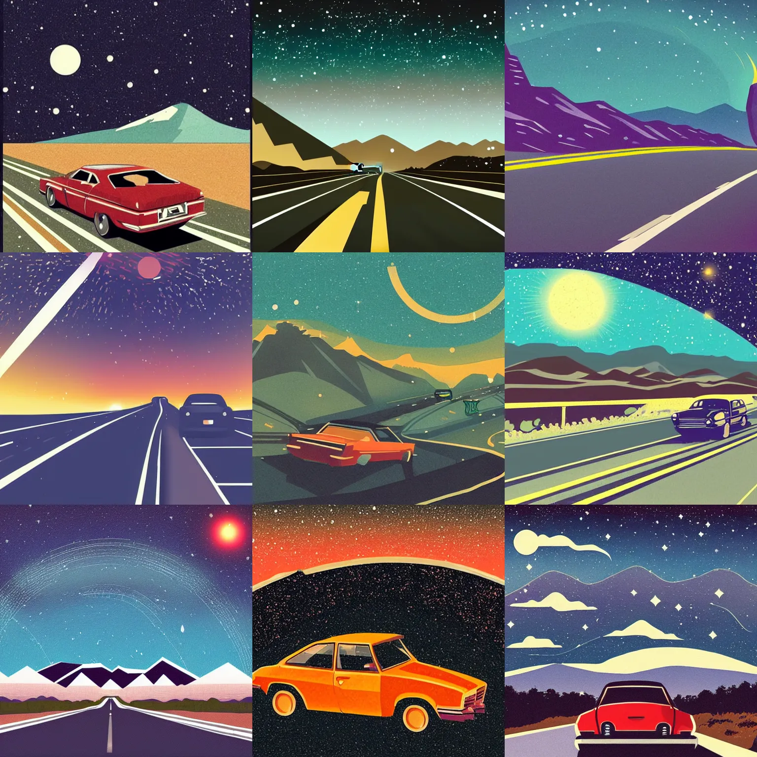 Prompt: a car driving down a highway, obsidian mountains in the background with a galaxy in the sky, retrofuturistic vintage illustration