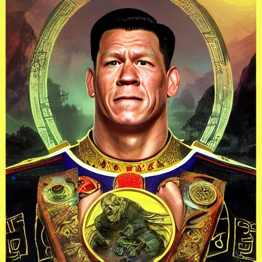 Image similar to portrait of John Cena as Xi Jinping, accurate, intricate, headshot, highly detailed, digital painting, artstation, concept art, sharp focus, illustration, art by artgerm and greg rutkowski and alphonse mucha