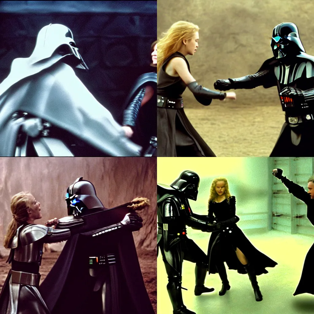 Prompt: Eowyn sparring with Darth Vader, film still from Return of the King (2003)