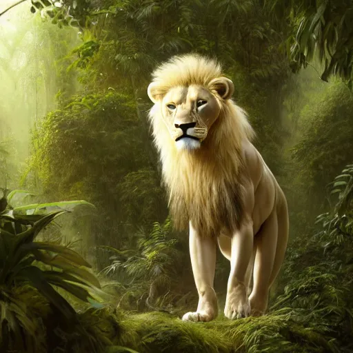 Prompt: commission portrait of a fit male anthro albino lion,dressed in jungle clothes,goung through a jungle.,dramatic,character design by charles bowater,greg rutkowski,ross tran,hyperdetailed,hyperrealistic,4k,deviantart,artstation,professional photography,concept art