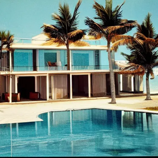 Prompt: a beach house villa in 1 9 7 4 color