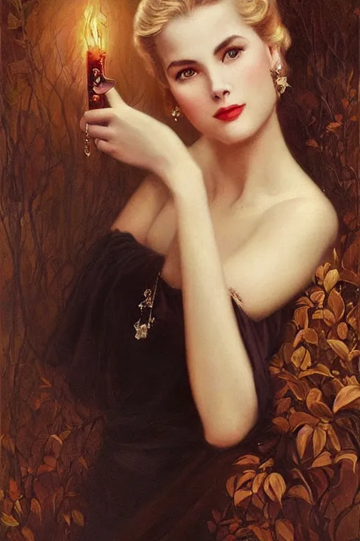 Image similar to a young and extremely beautiful grace kelly infected by night by tom bagshaw in the style of a modern gaston bussiere, art nouveau, art deco, surrealism. extremely lush detail. melancholic night scene. perfect composition and lighting. profoundly surreal. high - contrast lush surrealistic photorealism. sultry and mischievous expression on her face.