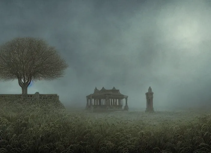 Prompt: matte painting of overgrown mausoleum in a forgotten wasteland, Zdzislaw Beksinski, Lewis Jones, mattias adolfsson, cold hue's, warm tone gradient background