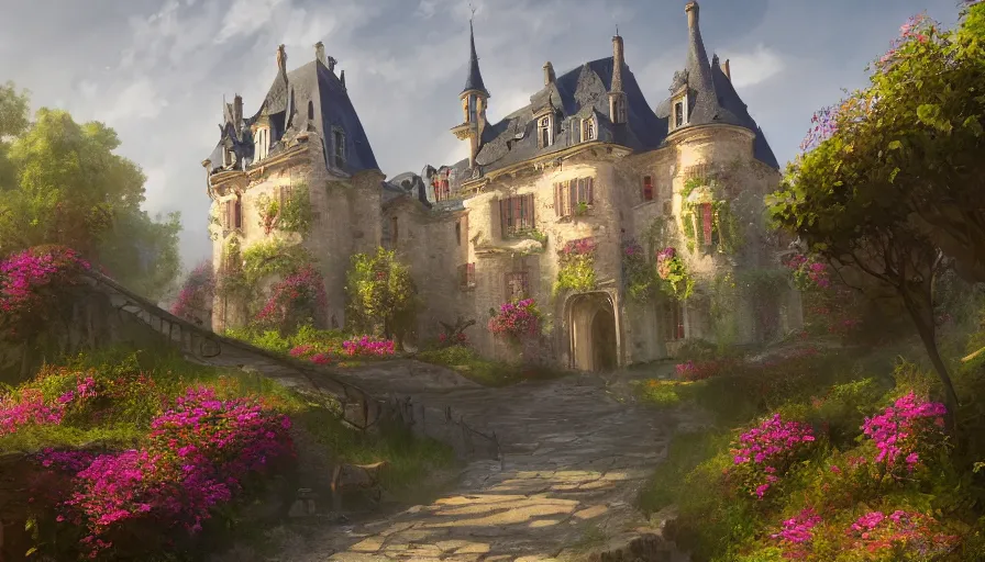 Image similar to Digital painting of a magnificent french castle with a flowery alley, wide angle, volumetric light, hyperdetailed, artstation, cgsociety, 8k