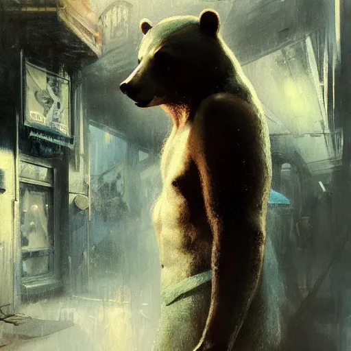 Image similar to pattington bear, hyperrealistic full figure, bladerunner street alley, art of elysium by frank frazetta and by jeremy mann and by alphonse mucha, fantasy art, photo realistic, dynamic lighting, artstation, full figure poster, volumetric lighting, very detailed face, 4 k, award winning