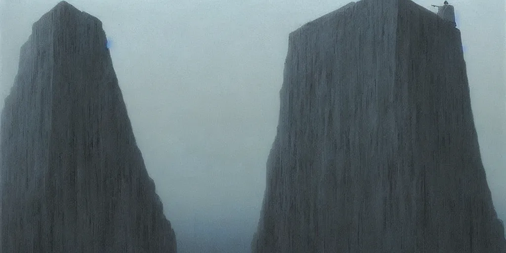 Prompt: a horrifying monolith looming over a city painted by Zdzisław Beksiński