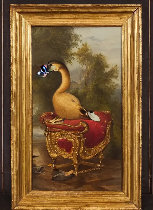 Prompt: oil painting of a royal duck sitting on a throne