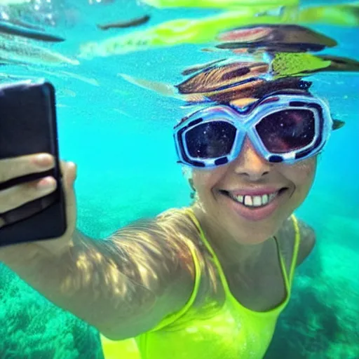 Image similar to woman taking a selfie with a fish, underwater, gopro photo