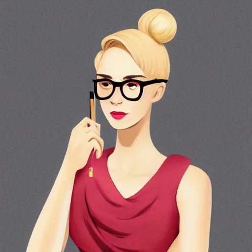 Image similar to middle aged beautiful french woman with blonde hair tied in a strict bun, busy manicuring nails, spectacles, lots of makeup, arrogant, rich, expensive voluminous dress, digital art, high quality, 8 k, detailed, d & d character,