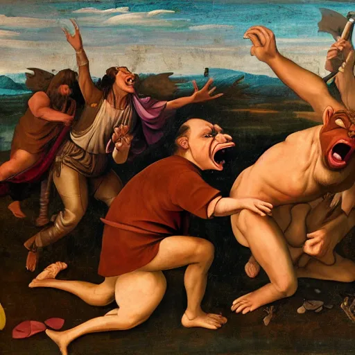 Prompt: large angry goblin yelling at a small bird, renaissance painting