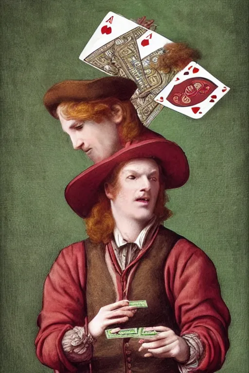 Image similar to intricate beautiful medium - shot, the card player man, blonde reddish hair, in green and pink clothes of 1 7 th century, holds playing cards, in card's player by sezanne, matte painting, renaissance painting, by paul sezanne by leyendecker, by artgerm, rutkowskyi