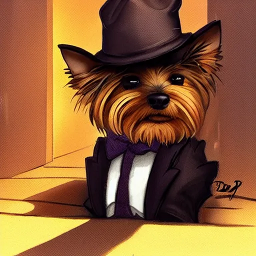 Image similar to detective yorkshire terrier wearing a fedora, disney eyes, in a dark alley, by D&D Concept Artists