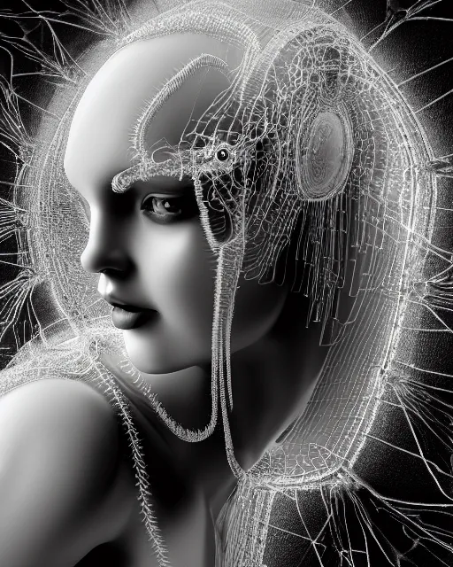 Prompt: mythical dreamy black and white organic translucent bio-mechanical spinal ribbed profile face portrait detail of mechanical beautiful female angelic-snowy-human-doll, highly detailed, intricate crystal jelly steampunk ornate, poetic, 3D render, digital art, octane render, 8K artistic photography, photo-realistic, by Dora Maar