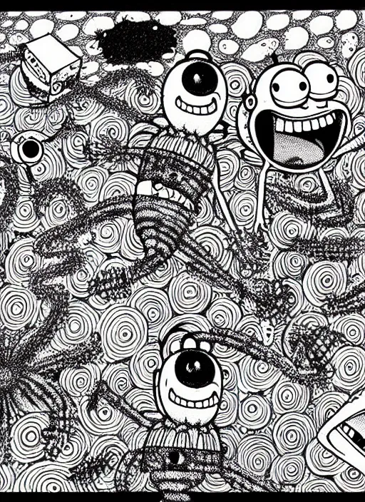 Image similar to junji ito style spongebob squarepants, intricate, highly detailed, illustration, art by junji ito, junji ito