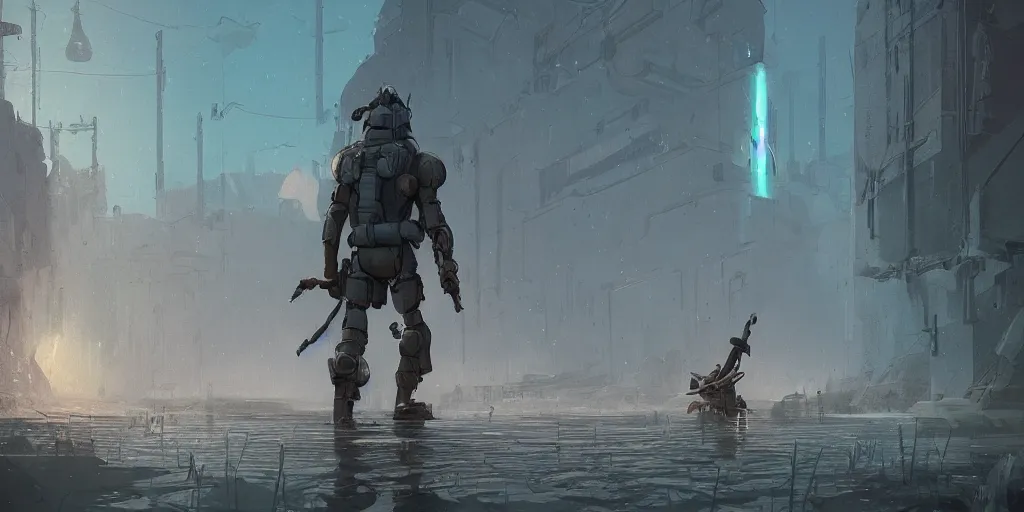 Image similar to scifi soldier with wolf head in heavy armor, forbidden west, liminal space around, puddles of water, by simon stalenhag, by ian pesty and alena aenami and makoto shinkai, concept art, matte painting, washed colors,