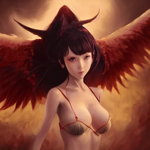 Image similar to an oil painting of a beautiful anime girl with succubus wings, by artgerm and greg rutkowski, hd, hdr, ue 5, ue 6, unreal engine 5, cinematic 4 k wallpaper, 8 k, ultra detailed, high resolution, artstation, award winning