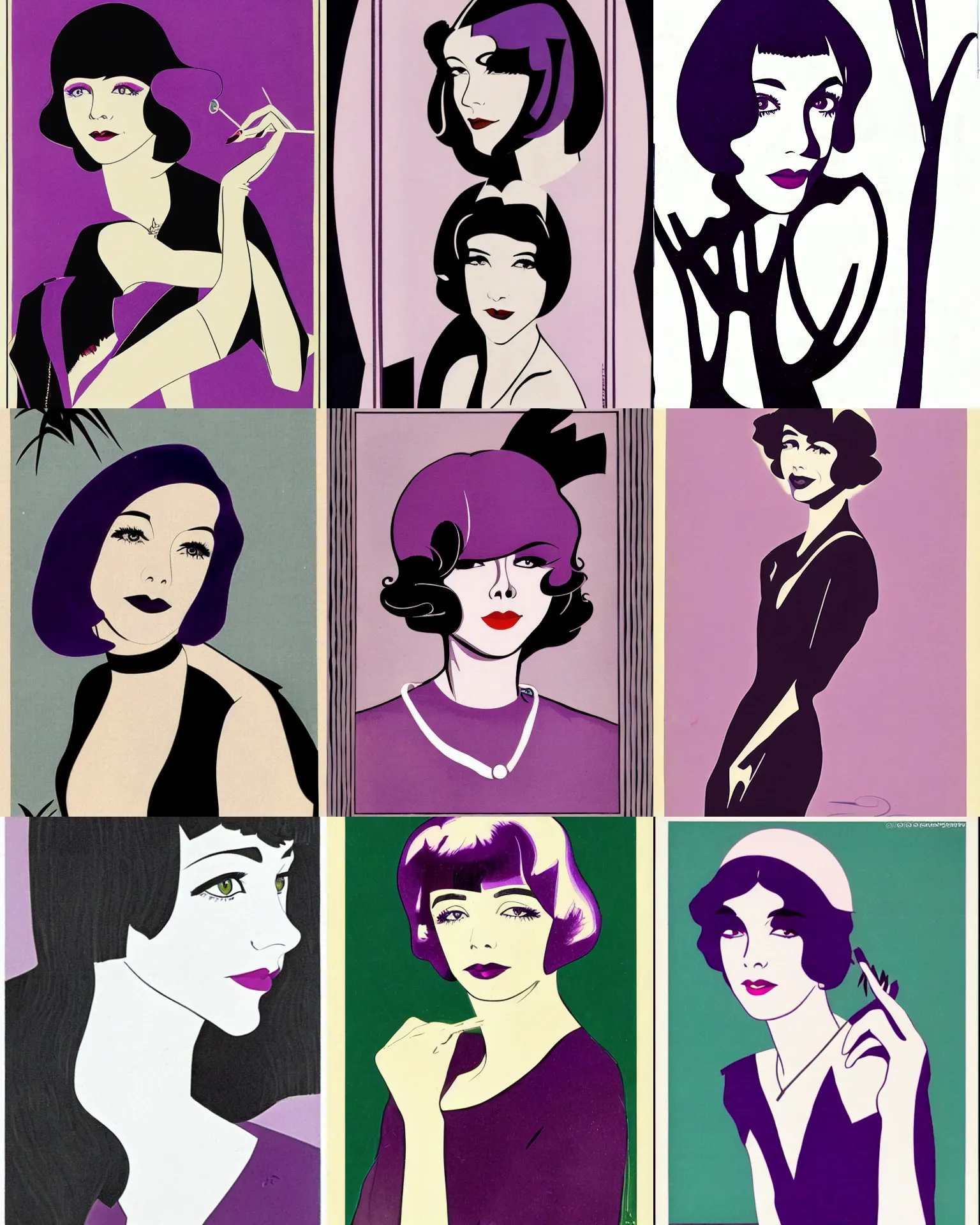 Prompt: Colleen Moore 25 years old, bob haircut, portrait by Patrick Nagel, 1920s, purple and black